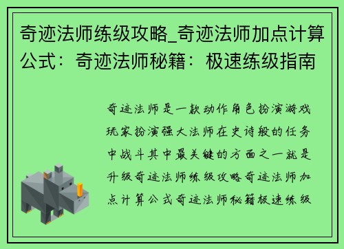 奇迹法师练级攻略_奇迹法师加点计算公式：奇迹法师秘籍：极速练级指南