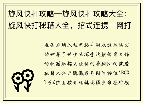 旋风快打攻略—旋风快打攻略大全：旋风快打秘籍大全，招式连携一网打尽